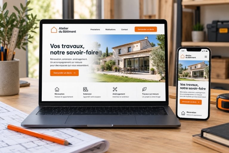 Exemple de site internet d’une entreprise du bâtiment sur ordinateur et mobile