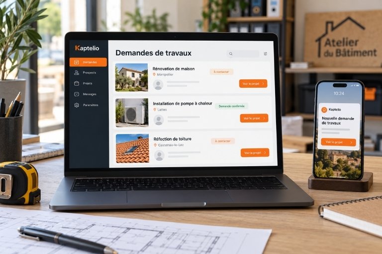 Illustration de demandes de travaux BTP sur ordinateur et d’une notification sur mobile