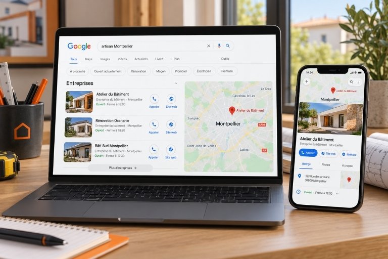 Exemple de recherche locale d’artisans sur Google et de fiche Google sur mobile