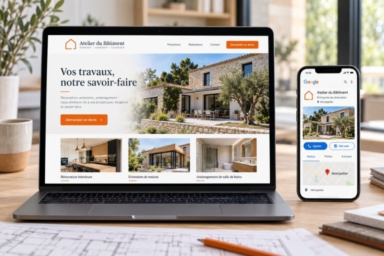 Référencement local artisan : du profil Google à la demande de devis Exemple de site d’artisan sur ordinateur et de sa fiche Google sur mobile, avec boutons de contact et de demande de devis
